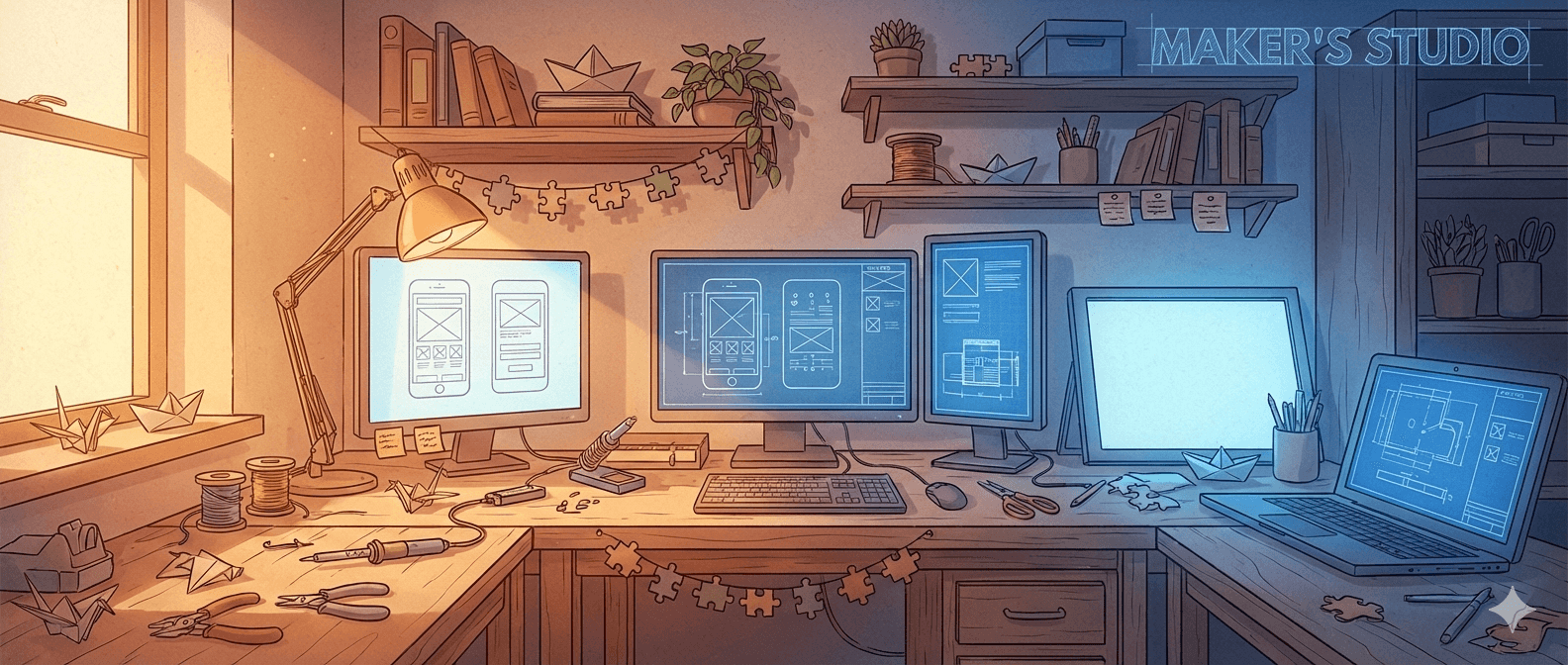 A warm illustrated maker’s desk, with origami boats and cranes, plants, glowing monitors and shelves of books